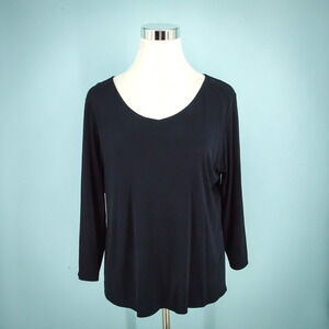 Eileen Fisher Size Large L Navy V Scoop Neck 3/4 Sleeve System Silk Knit Top